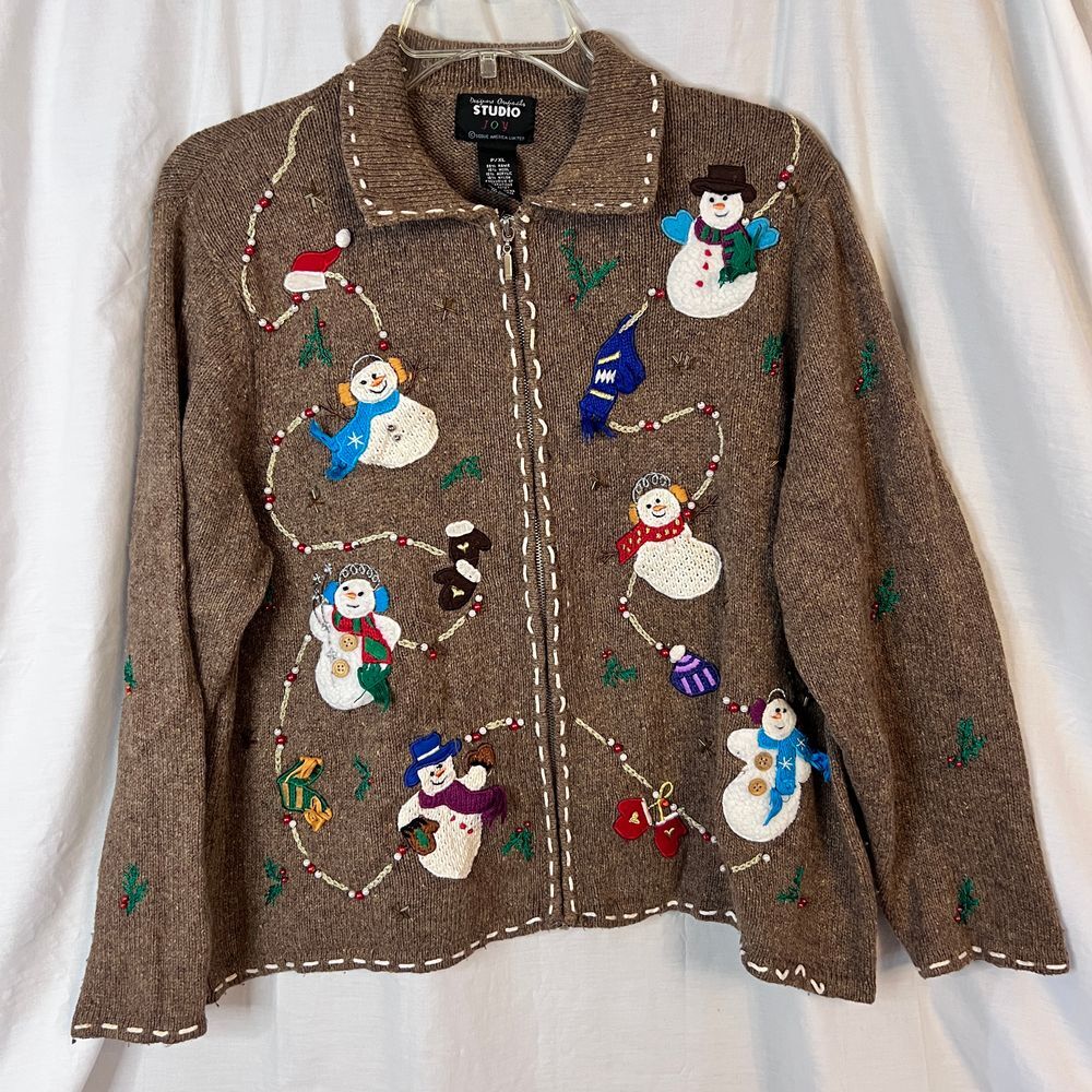 Studio Joy 90s Snowman‎ Winter Zip Up Sweater Brown Knit Embroidered Size P XL